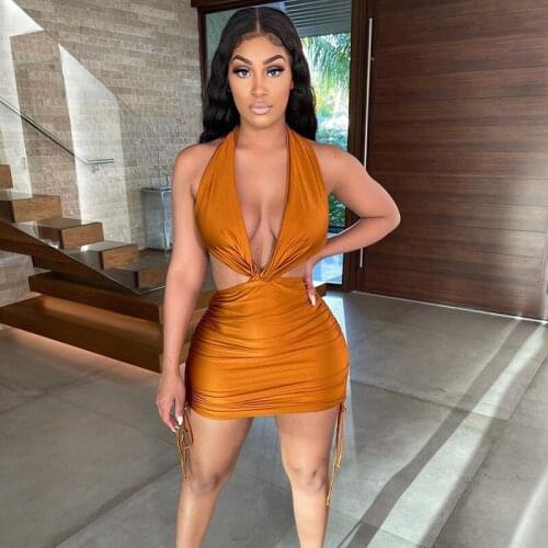 SKMY Summer New Solid Color Hanging Neck Halter Lacing Double Pleated Sexy Dress Hollow Bodycon Casual Ultra Short Pencil Dress