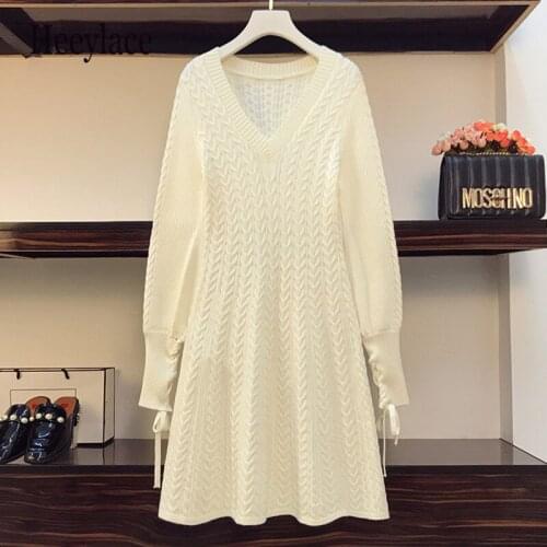 Plus size women autumn winter knitted sweater dresses elegant women lantern lace bandage sleeve v neck A-line midi dresses 2020