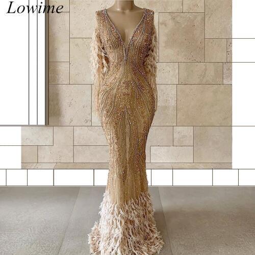 New Fashion Plus Size Arabic Evening Dresses 2019 Mermaid Long Sleeves V-Neck Formal Evening Gowns With Feathers And Beading