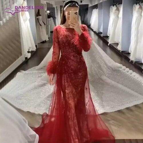 Luxury O Neck Evening Dresses For Women 2021 Long Sleeve Dubai Mermaid SequinsBeaded Feathers Prom Formal Gowns