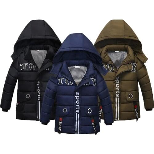 Winter Warm Boys Jacket Long Style Letter Outerwear For Kids Heavy Thick Plus Velvet Children Hooded Outdoor Coat