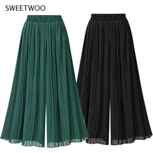 2021 Summer European Style Pleated Women Wide Leg Pants Loose Chiffon Boho Female Length Pant Elastic Waist Trousers Plus Size