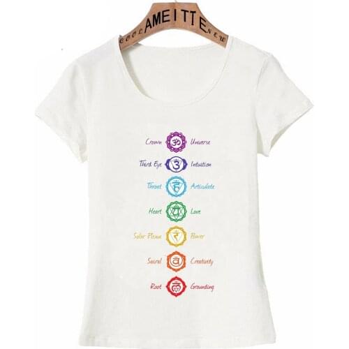 AMEITTE 7 Chakra Symbols Print T-Shirt Fashion Women Short Sleeve Cute Girl Casual Tops Funny Lotus Om Yo-ga Design Female Tees