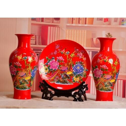 Jingdezhen ceramics Jin Mudan three sets of modern fashion furnishings decoration crafts vase plate