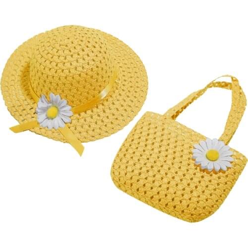 Baby Straw Hat + Woven Bag Set Kids Girl Summer Floral bonnet newborn prop Flower Sun protection Visor Beach Hats Bag Outfits