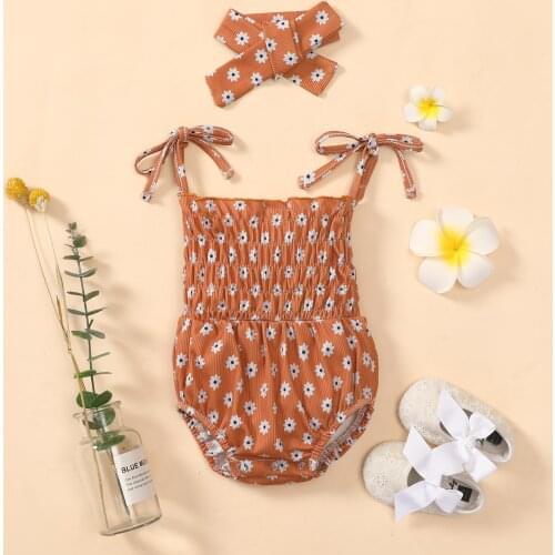 Toddler Baby Girls Romper with Hairband 2pcs Kids Leopard/ Flower Print Sleeveless Strappy Bodysuit+ Headband 0-24 Months