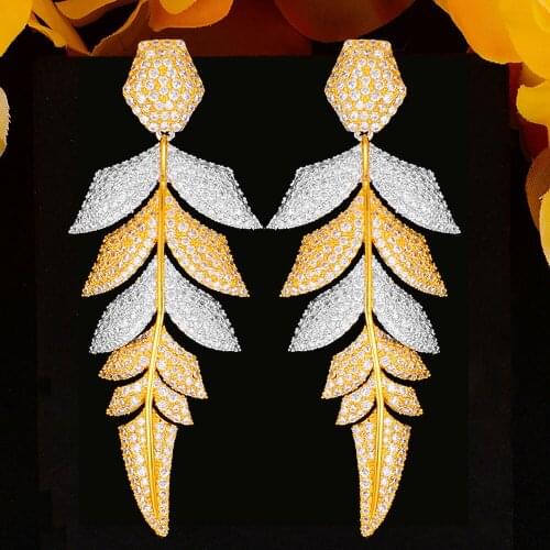 Jimbora Luxury Feather Leaf Big Dangle Earrings For Women Wedding Cubic Zirconia CZ DUBAI Bridal Earring Jewelry Accessories2020