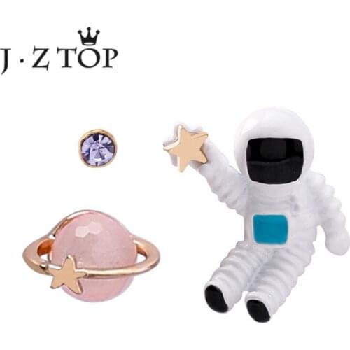 Jztop 3 Pcs/Set Cute Astronaut Star Stud Earrings Woman Classic Universe Crystal Asymmetrical Earring Female Oorbellen Jewelry
