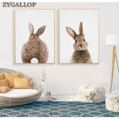 Woodland Animal Canvas Paintings Bunny and Rabbit Tail Prints Nursery Wall Painting Nordic Poster Kids Baby Room Decor Pictures