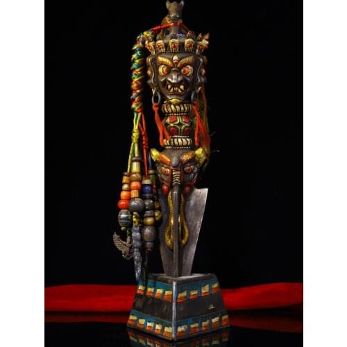 14"Tibet Temple Collection Old Tiantie Tracing mosaic gem Skull head Mahakala Dorje Vajra Phurpa Town House Exorcism