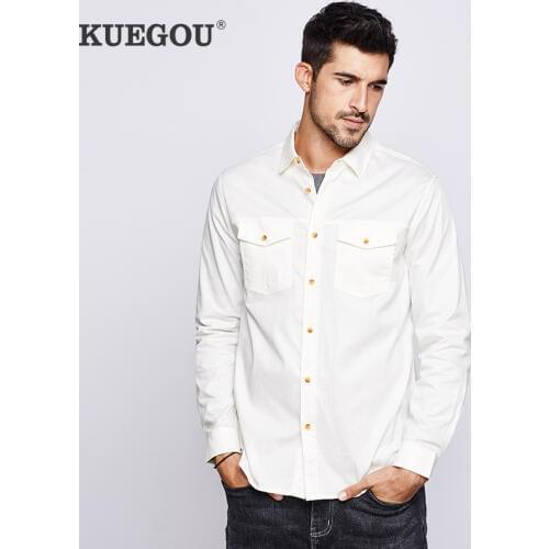KUEGOU 2020 Autumn Cotton Embroidery White Shirt Men Dress Button Casual Slim Fit Long Sleeve For Male Fashion Brand Blouse 6860