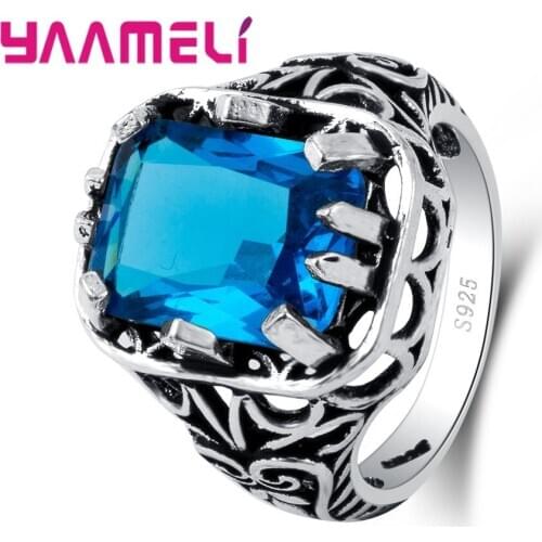 New Arrival JEWELS Luxury Princess Cut Blue Zircon Wedding Ring with Micro Paved Clear White CZ Fashion Rings for Women