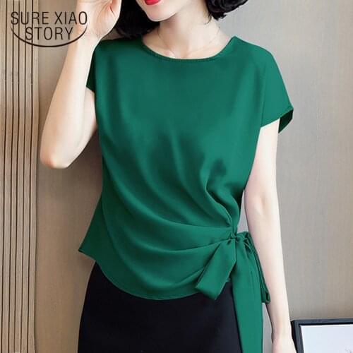 Spring Summer Silk Short-Sleeved Womens Blouse and Tops Office Lady Plus Size Solid Bow Shirts Women Blusas Mujer De Moda 9899