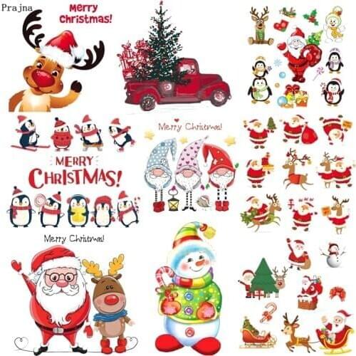Prajna Merry Christmas Iron-on Transfers Christmas Tree Christmas Deer Penguin Thermal Patches For Clothing Heat Transfers DIY