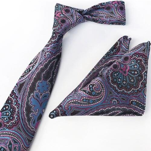 Dropshipping Mens Formal Necktie Pocket Square Set Purple Paisley Tie with Handkerchief