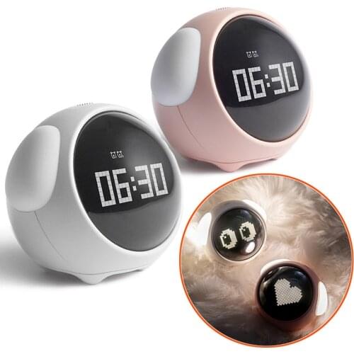 Cute Expression Pixel Mini Alarm Clock Rechargeable LCD Digital Voice Control Kids Student Clock Bedside Table Sleep Night Light