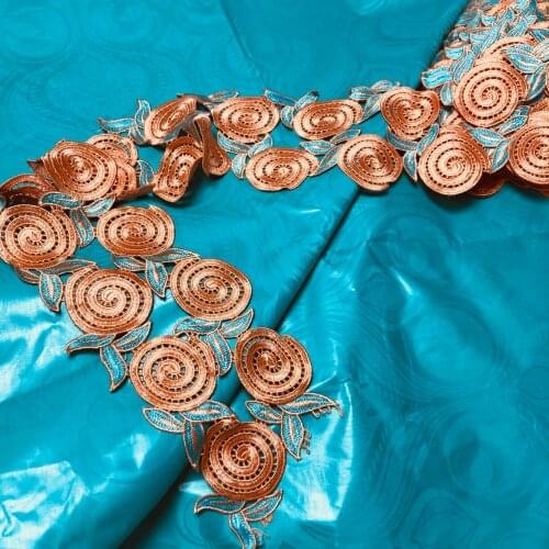 African Shiny Teal Green Cotton Bazin Riche Fabric 5yards with 10yards Guipure Cord lace matching guipure lace fabric