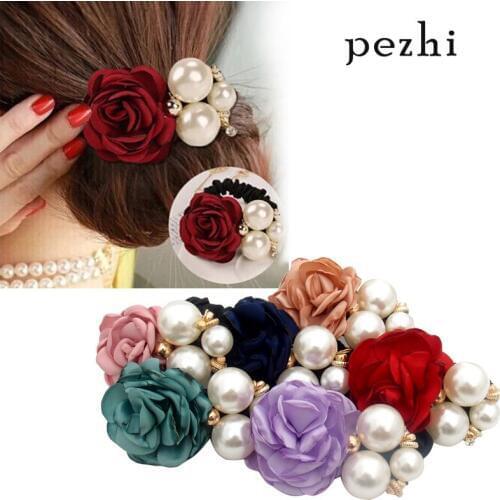 High-end womens cloth beautiful pearl rose hair ring elastic hair rope like summer flowers