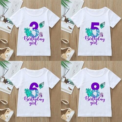 Age 1-9 Birthday Girls Tshirt Cute Mermaid Graphic Print T-shirt Childrens Clothing Tees Fashion Kawaii Clothes Tops,YKP142