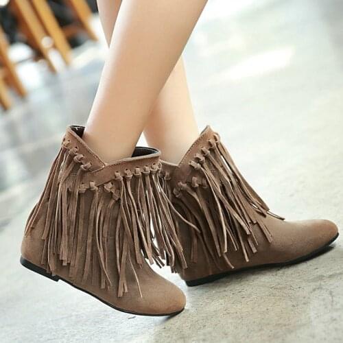 Spring Autumn Round toe Sleeves Increase In Womens Fashion Boots Winter Fringed Frosted Flock Color Womens Shoes