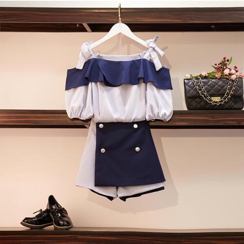 Comelsexy High Quality Fashion Summer Slash Neck Ruffles Patchwork Shirt Tops Women 2pcs Pant Set + Double Breasted Short Suits