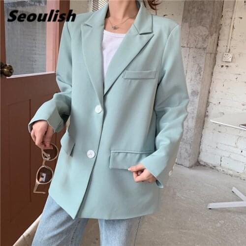 Seoulish New 2021 Spring Loose Single Breasted Womens Blazers Pockets Female Formal Jackets Elegant Loose Outerwear Chic Tops
