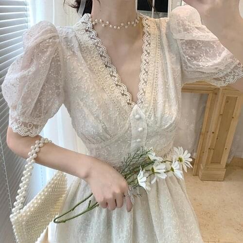 Fairy Lace Dress Women 2021 Summer Chic Shirring Puff Sleeve Deep V Neck Long Dresses French Style Temperament Lady Wear