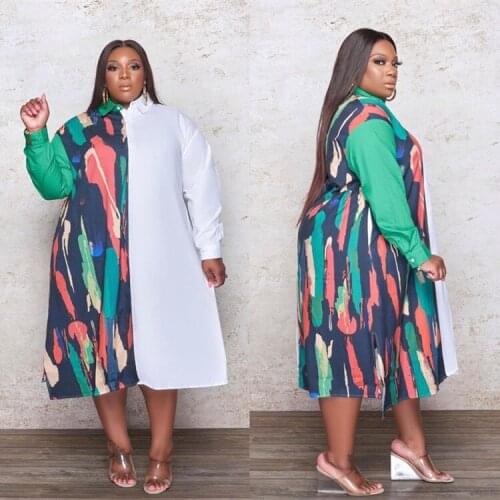 Elegant Shirts Dress 2021 Plus Size 4XL 5XL Women Fall Clothing Office Patchwork Casual Loose Button Long Loose Dresses