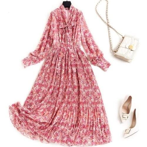 Women floral patterns print chiffon long sleeve dress new 2021 spring summer ruffles bow collar elegant midi dresses pink