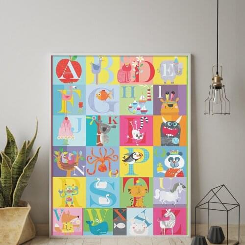 Animal Alphabet Poster Educational ABC Letter Canvas Painting Baby Colorful Wall Art Print Picture For Kids Room Boho Nursery De