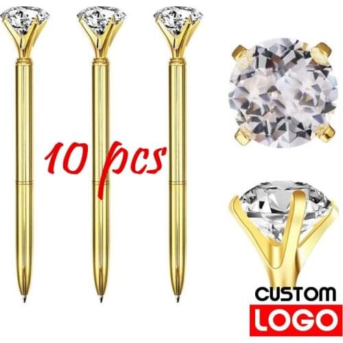 10pcs/batch of Large Crystal Diamond Metal Ballpoint Pen Custom Logo Engraving Text Ring Wedding Office Gift Black Blue Ink