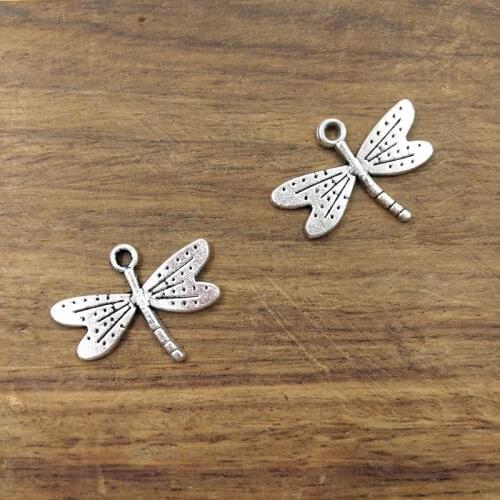 10pcs Dragonfly Charms - 25x19 mm - Antique Tibetan Silver Tone- One Sided - Insect Charms