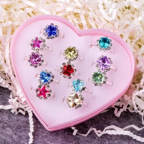 12PCS Kids Girls Adjustable Gem Jewelry Rings Pretend Play Toy Set with Heart Shape Case for Birthday Christmas Gift Mixed Color