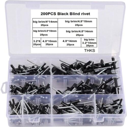 200Pcs Black Blind Rivets Aluminium Rivets High Strength Round Head Blind Rivet Assortment Kit Countersunk Rivets Screws