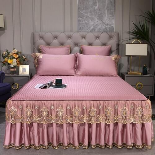 2020 new Thickened cotton satin silk Bed spread Fitted Sheet Pillowcases 2/3 pcs Solid color Double lace edge princess bedding