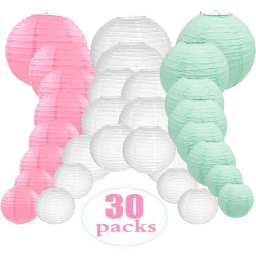 30 pcs 4"-12" White Pink Mint Green Paper Lantern Chinese Round Mixed Size lanterne papier lampion Wedding Outdoor Hanging Decor