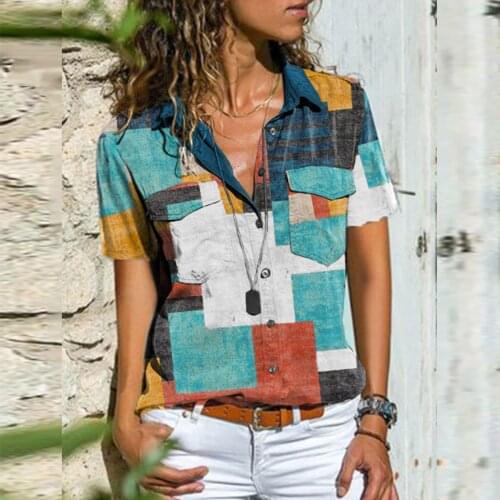 4#Womens Blouse Lady Lapel Buttons Pocket Short Sleeve V-neck Blouse Top Patchwork Turn-down collar Street Style Blouses Блузки