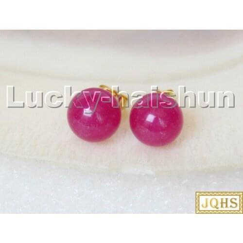 AAA natural Studs 10mm round rose Jade beads Earrings 14K gold post c296