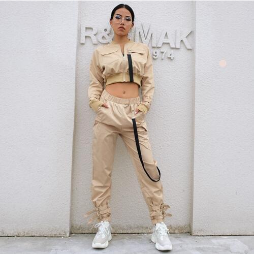 2020 Khaki Cargo Pants and Coat Women Pocket Button Hem Buckle Pencil Pants Streetwear High Waist Loose Jogger Pants Femme Women