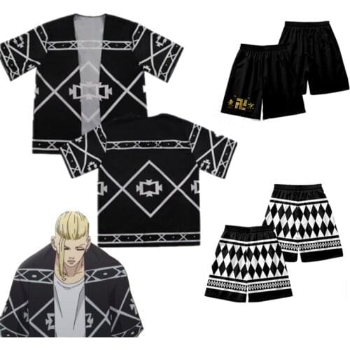 Anime Tokyo Revengers Ken Ryuguji Cosplay Cloak Black T-shirt Haori Kimono Top Shirts 3 Styles for Summer Halloween Role Play