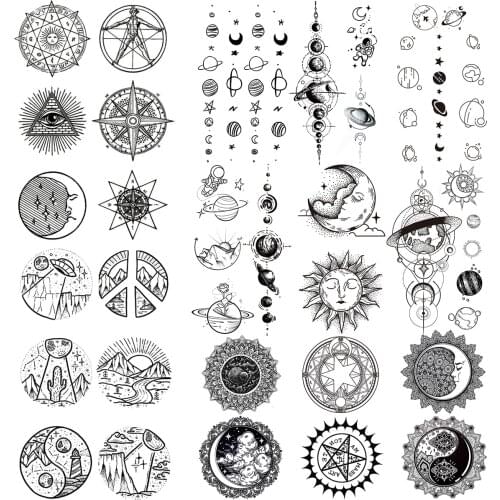 Black Round Totem Fashion Finger Temporary Tattoos For Women Men Universe Moon Realistic Fake Tattoo Waterproof Tatoos Sticker