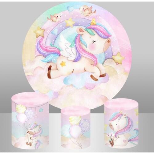 Baby Shower Unicorn Birthday Circle Round Backdrop Cover Rainbow Star Newborn Girl Birthday Party Decor Cake Table Banner Cover