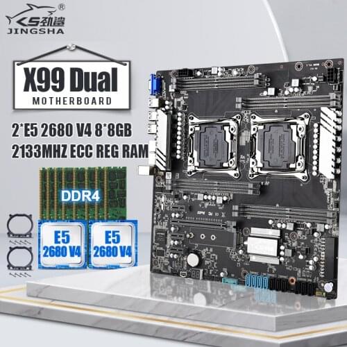 JINGSHA X99 Dual Motherboard Set with 2*E5 2680 V4 and 8*8GB=64GB DDR4 ECC REG 2133mhz RAM Support Intel LGA 2011-3 V3 /V4 CPU
