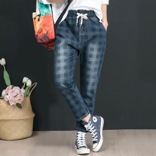 Denim Harem Pants Vintage Plaid Casual Jeans Plus Size High Quality Autumn New Arts Style Women Elastic Waist Loose Cotton