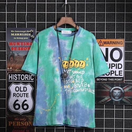 Hip Hop Tie Dyed Tshirt Streetwear Men Casual Half Sleeve Shirts Blue Summer Loose Smile T Shirt Fashion Japan Punk Tshirt Male