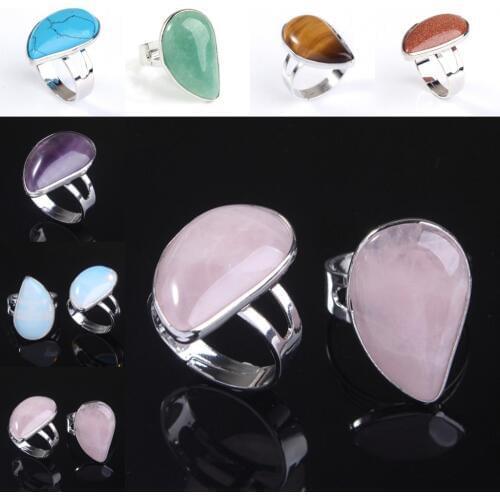 KFT Natural Healing Crystal Quartz Stone Ring Rose Pink Quartz Agates Resizable Water Drop Stone Ring Party Wedding Jewelry