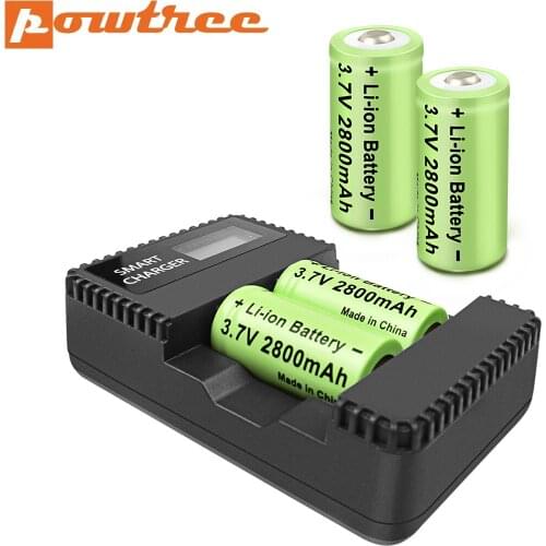 Powtree CR123A 16340 Battery 2800mAh 3.7V Rechargeable Li-ion Battery + LCD Charger for Laser Pen LED Flashlight Cell