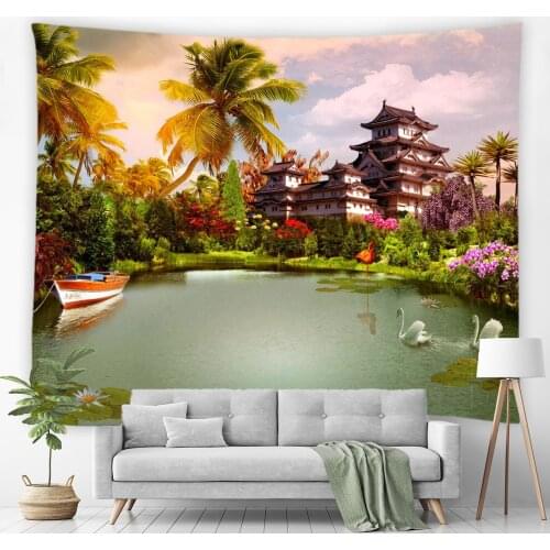 Chinese Style Landscape Tapestry Wall Hanging Garden Pavilion Plant Flower Bridge Lake Bedroom Hippie Wall Tapestry Carpet Decor