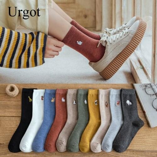 Urgot 10 Pieces = 5 Pairs Women Socks Solid Color Cotton New Style for Autumn And Winter Embroidery Cute Animal Socks Women