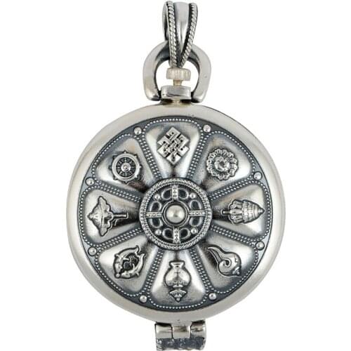 Tibetan 925 Sterling Silver Eight Auspicious Pendant Guanyin Heart Incantation Gawu Box Necklace
